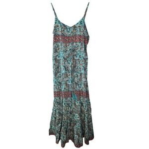 White Waves Teal Paisley Silk Blend Boho Maxi Dress L/XL Tassels Gold Foil India